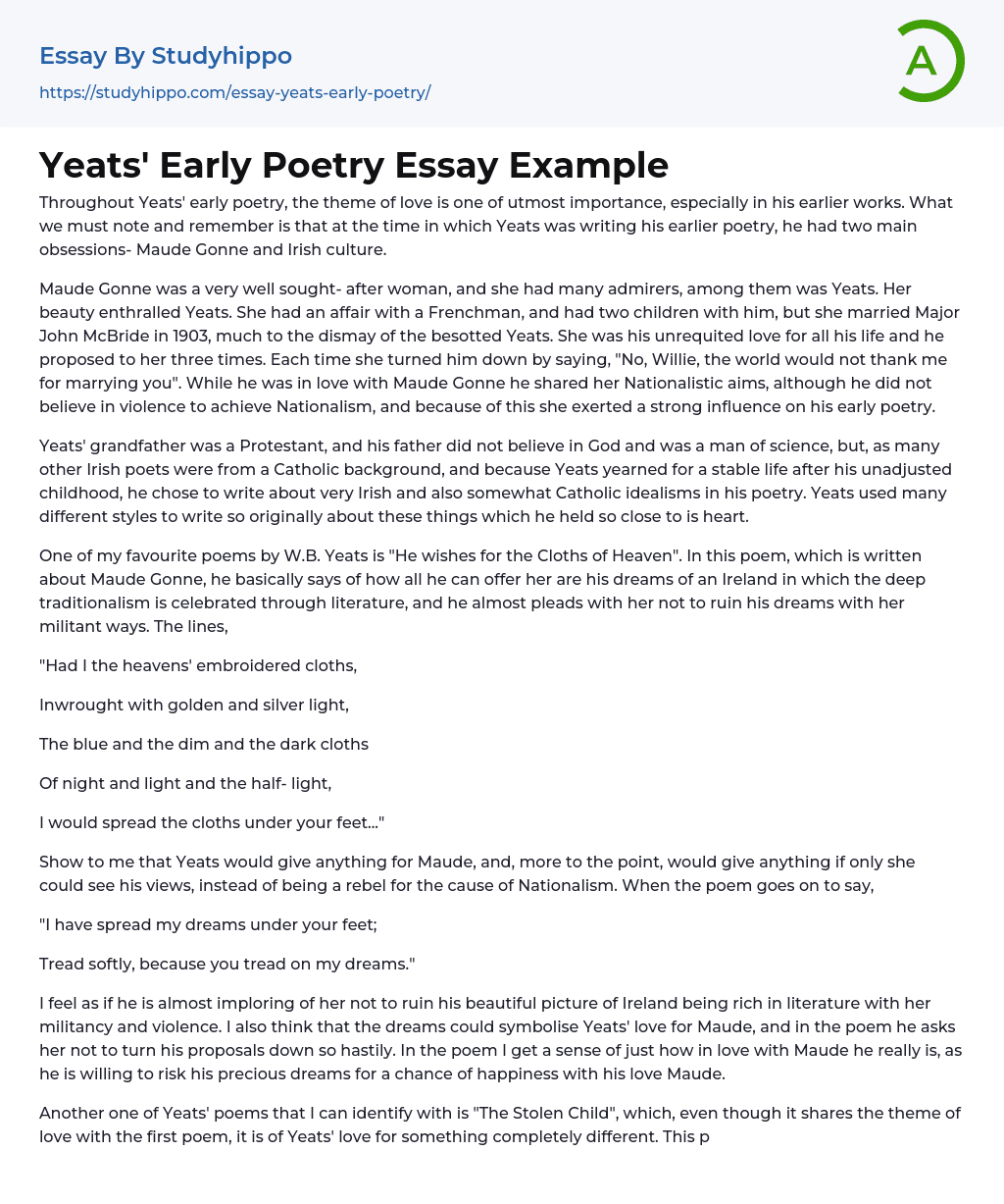 Yeats’ Early Poetry Essay Example