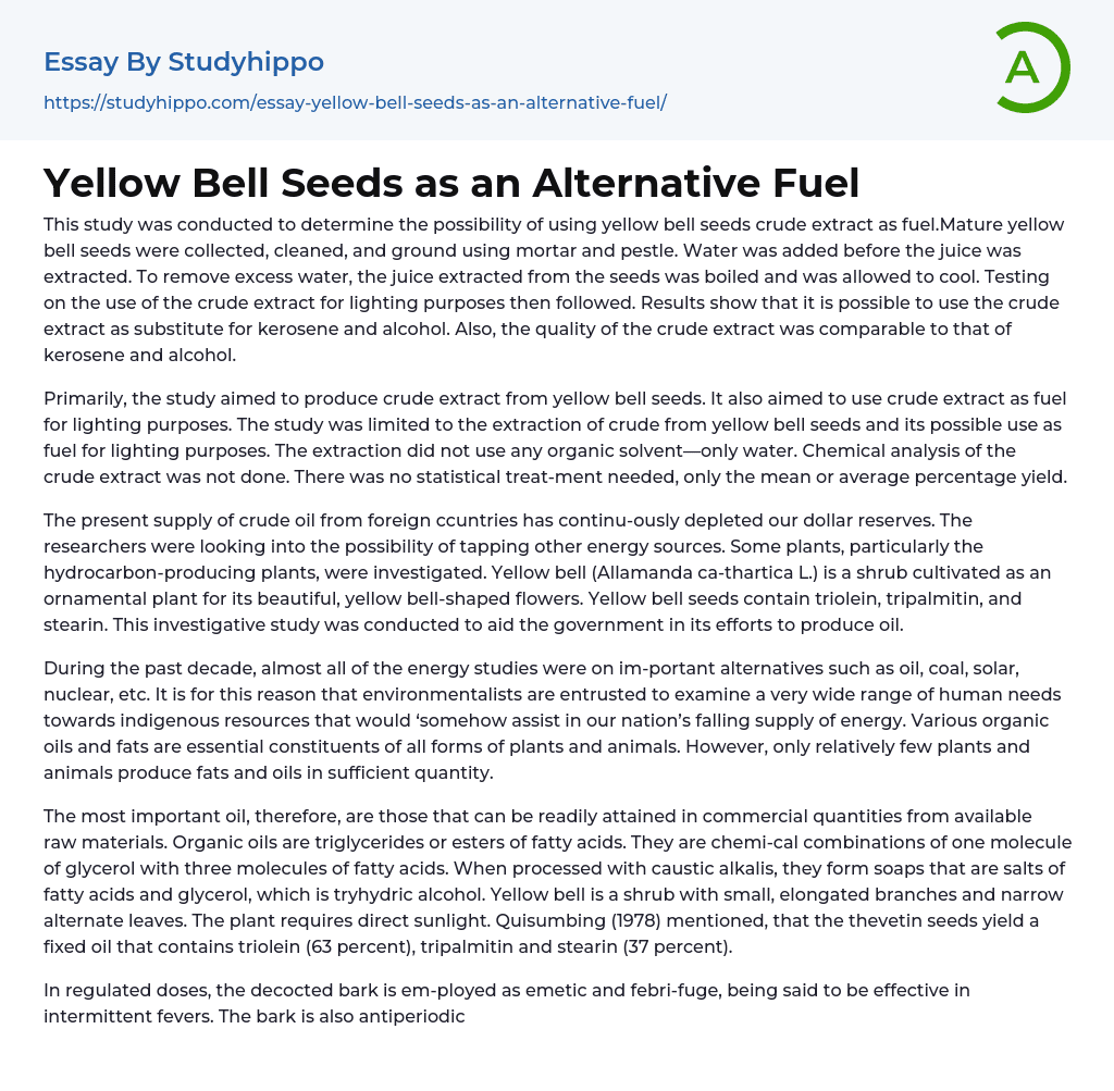 Yellow Bell Seeds as an Alternative Fuel Essay Example