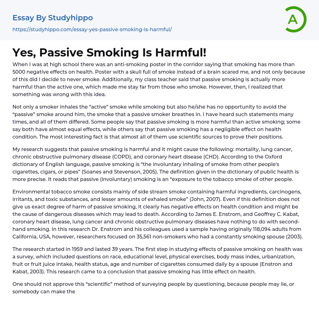 Yes, Passive Smoking Is Harmful! Essay Example