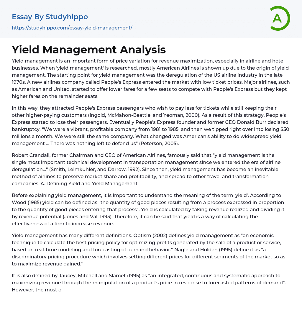 Yield Management Analysis Essay Example