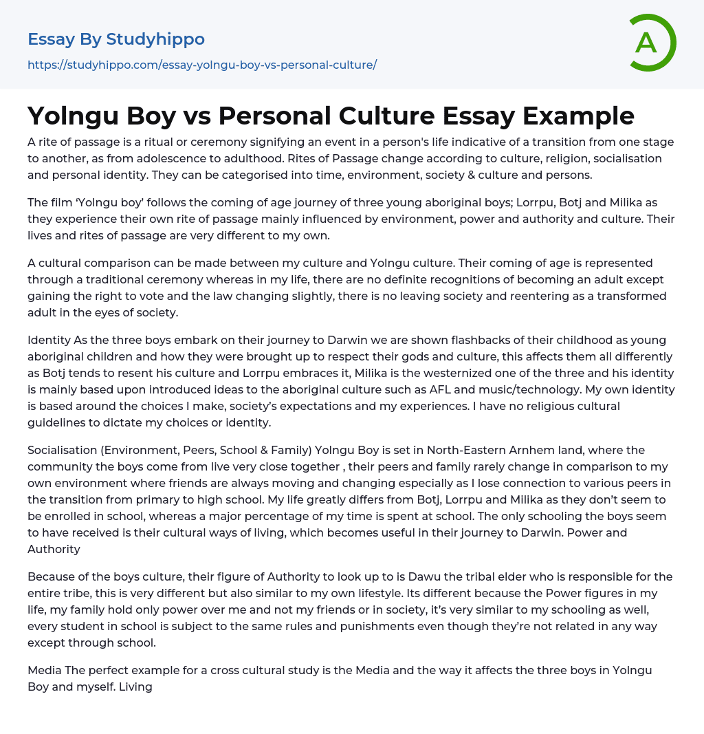 Yolngu Boy vs Personal Culture Essay Example