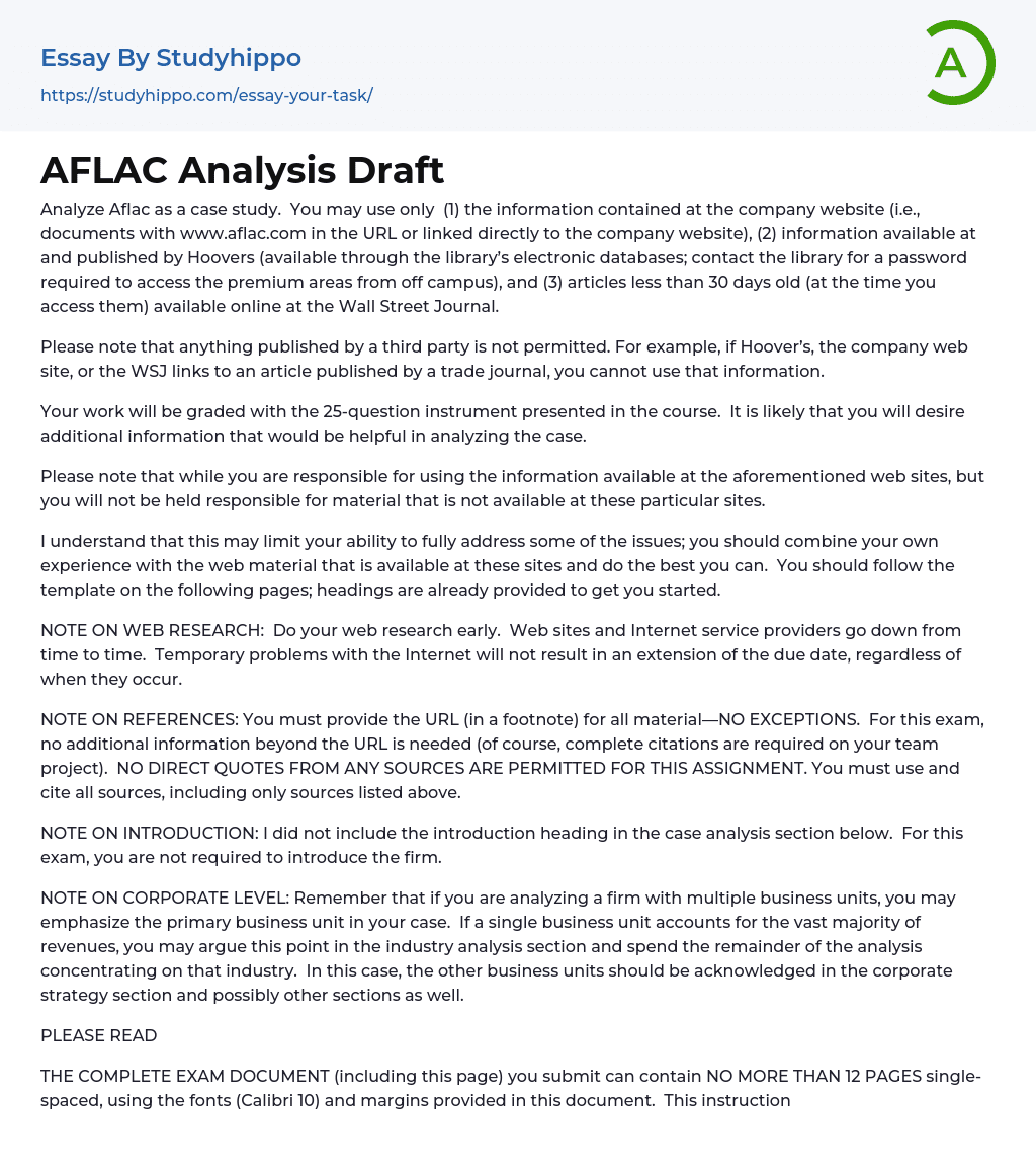 AFLAC Analysis Draft Essay Example