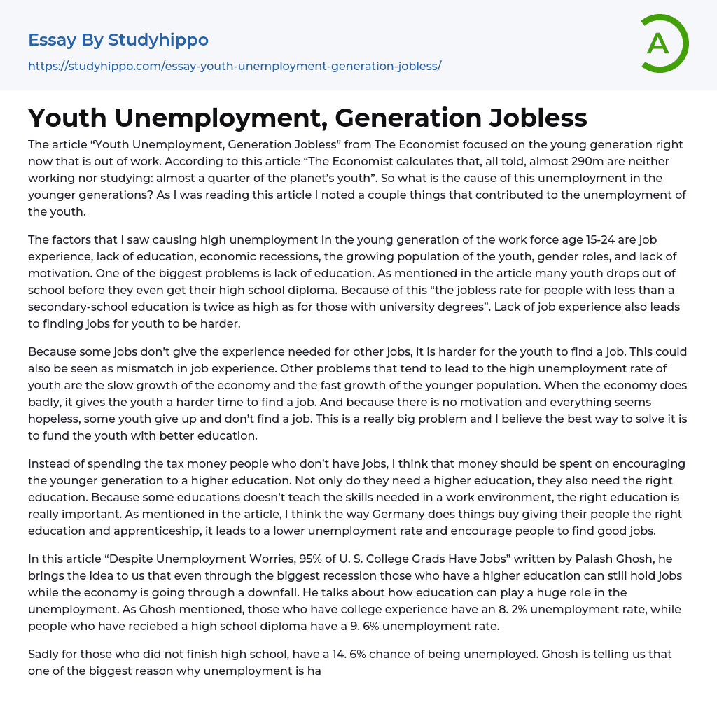 Youth Unemployment, Generation Jobless Essay Example