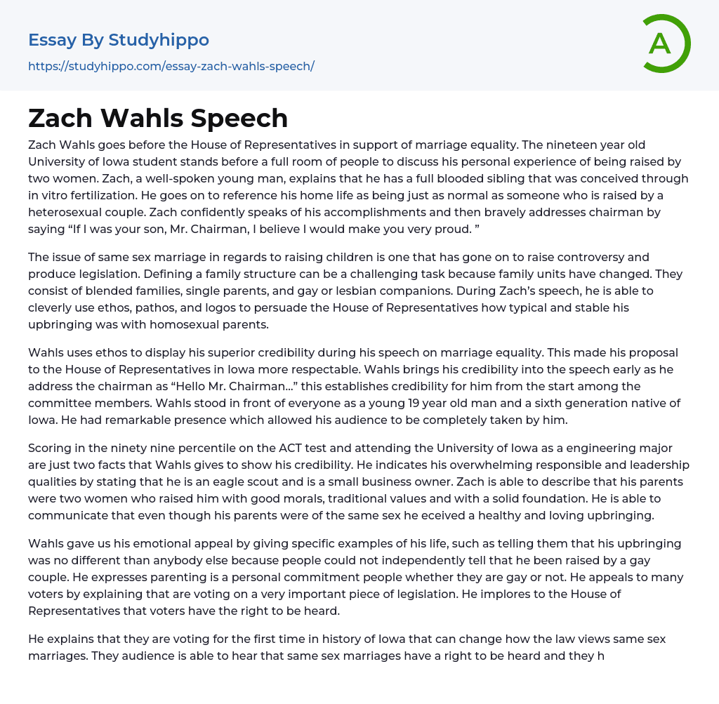 Zach Wahls Speech Essay Example
