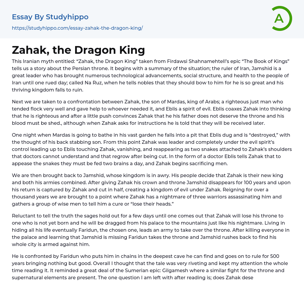 Zahak, the Dragon King Essay Example