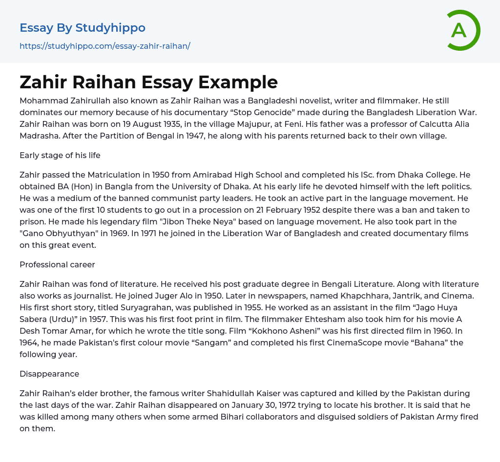 Zahir Raihan Essay Example