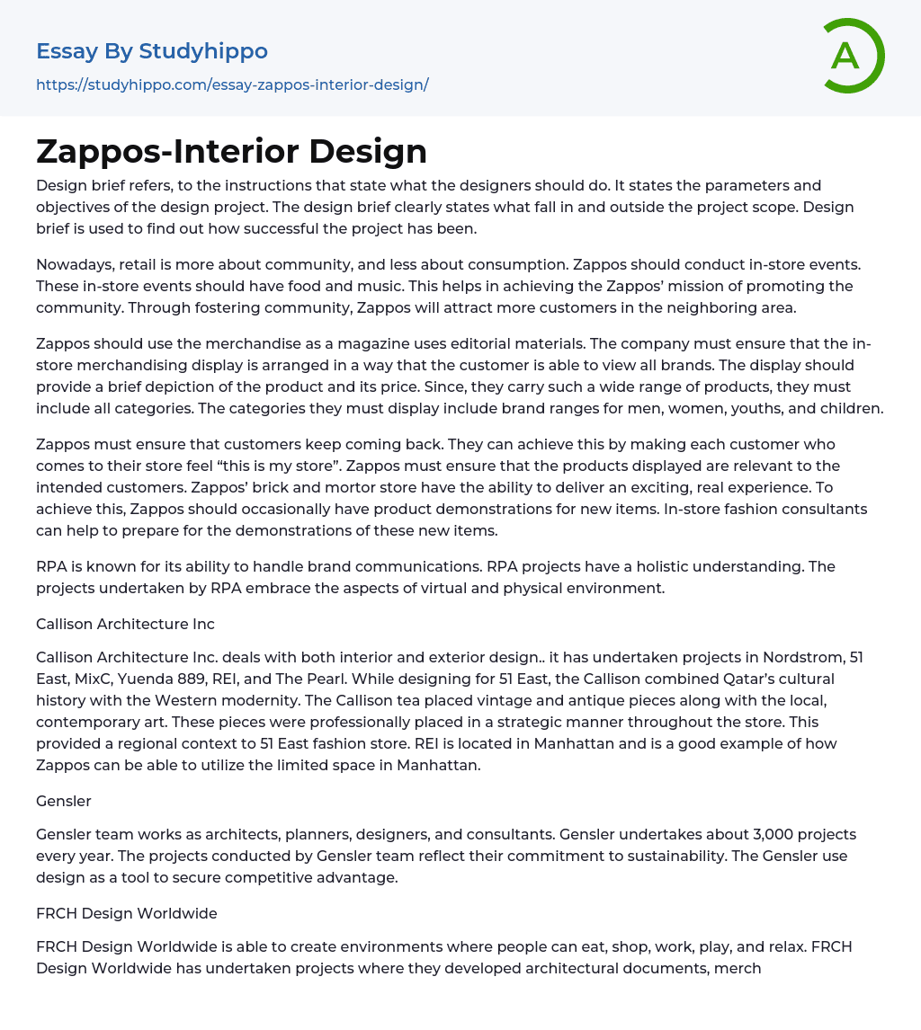 Zappos-Interior Design Essay Example