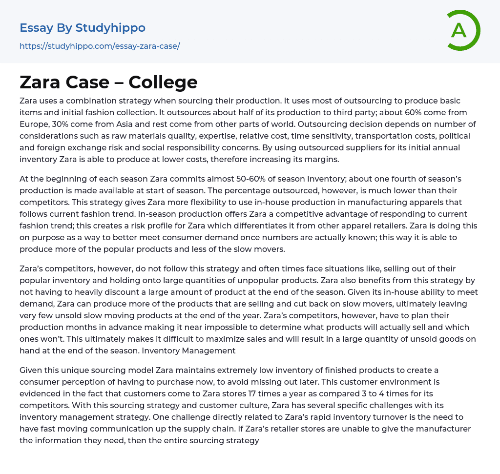 Zara Case – College Essay Example