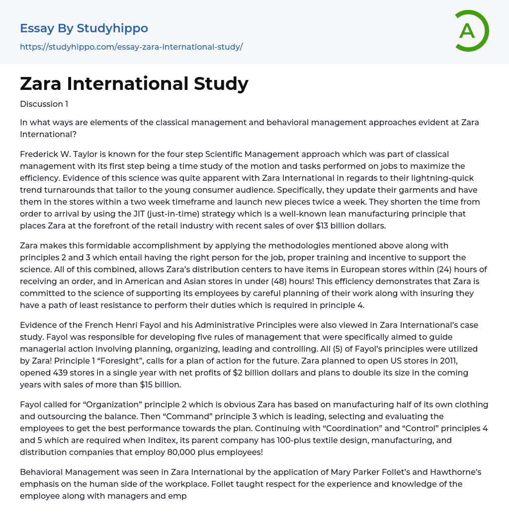 Zara International Study Essay Example