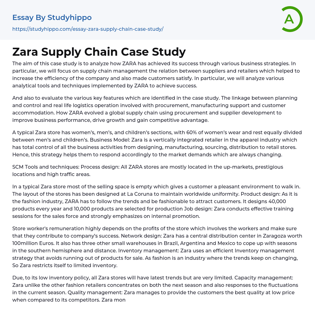 Zara Supply Chain Case Study Essay Example