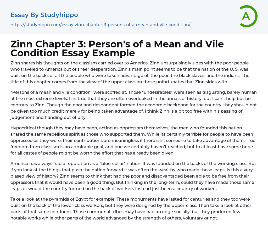 Zinn Chapter 3: Person’s of a Mean and Vile Condition Essay Example