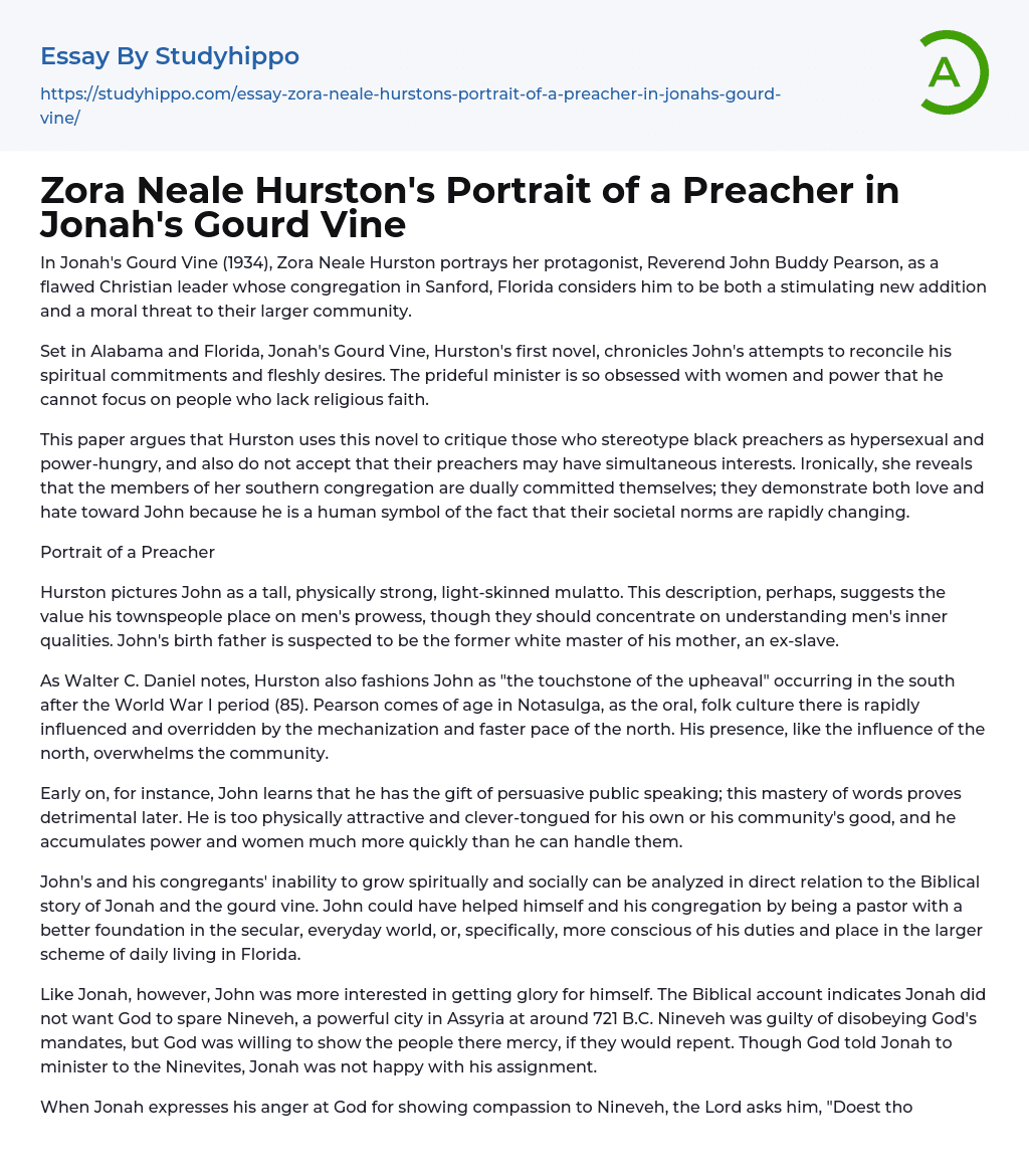 Zora Neale Hurston’s Portrait of a Preacher in Jonah’s Gourd Vine Essay Example