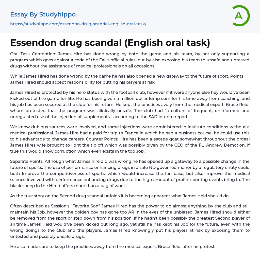 Essendon drug scandal (English oral task) Essay Example