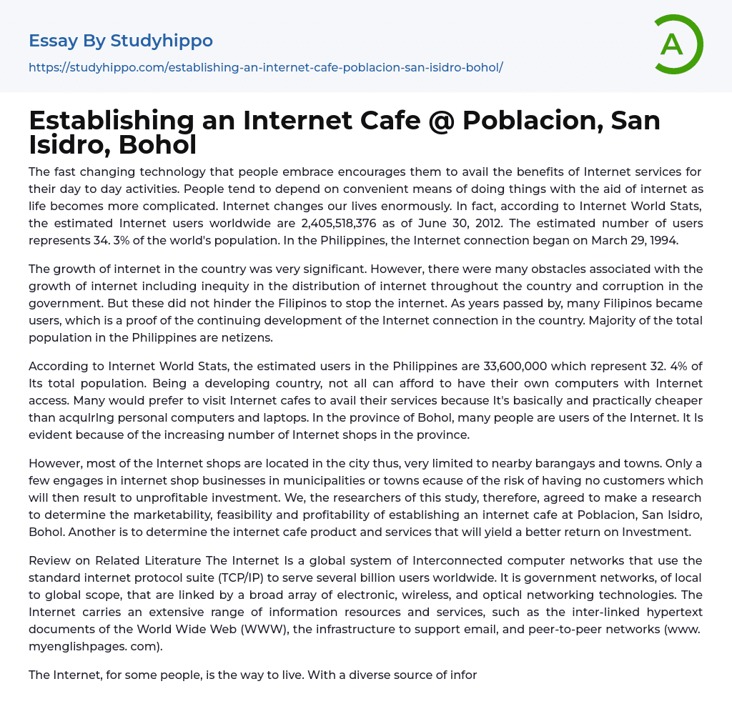 Establishing an Internet Cafe @ Poblacion, San Isidro, Bohol Essay Example
