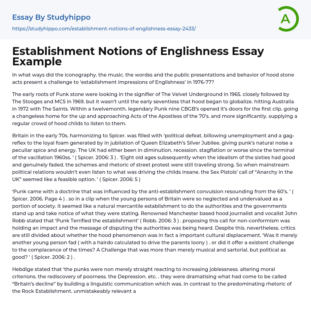Establishment Notions of Englishness Essay Example