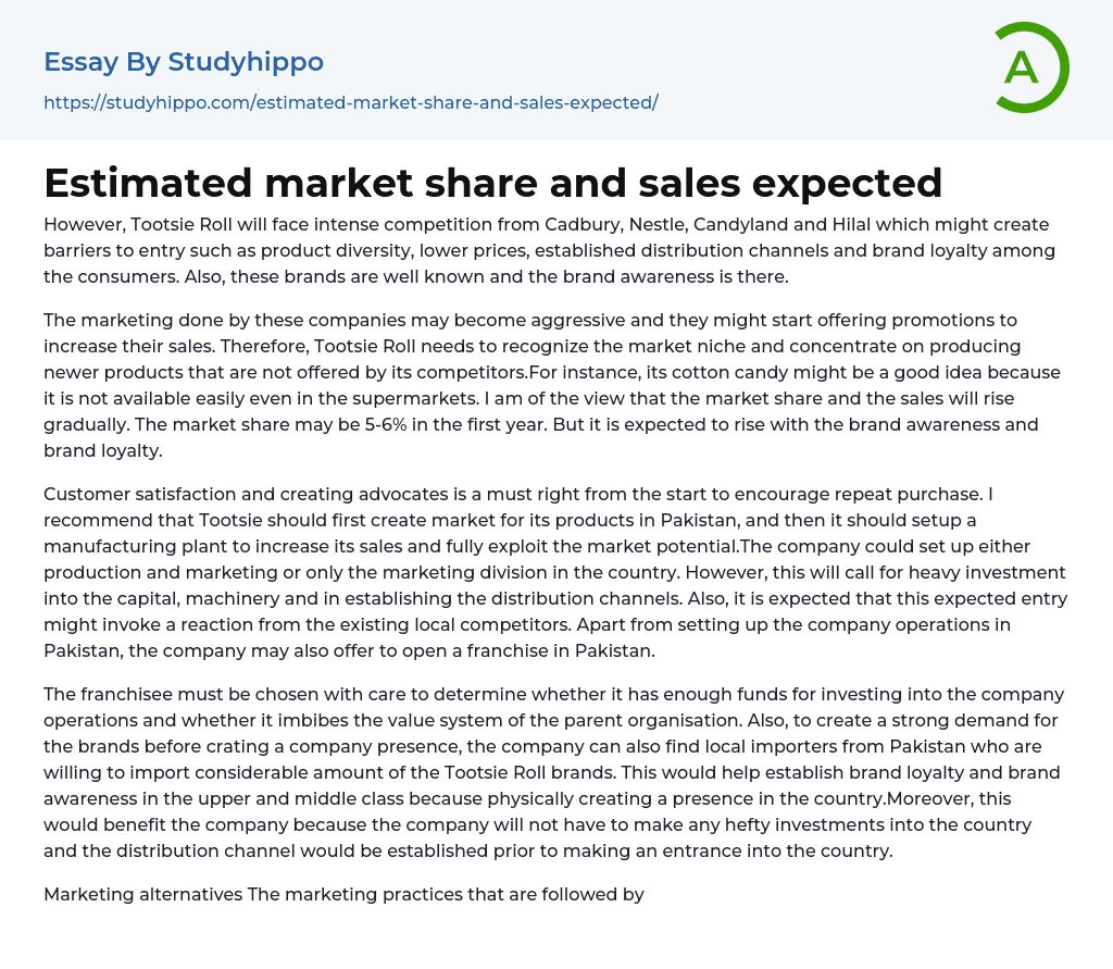 Estimated market share and sales expected Essay Example