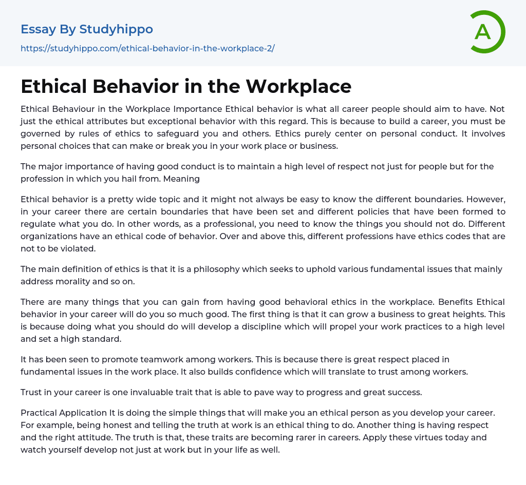 Ethical Behavior in the Workplace Essay Example