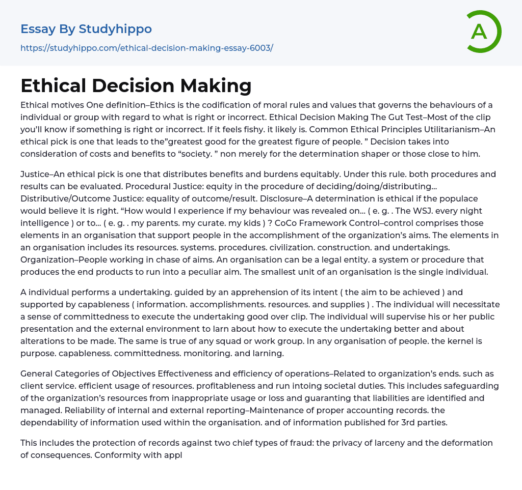 Ethical Decision Making Essay Example