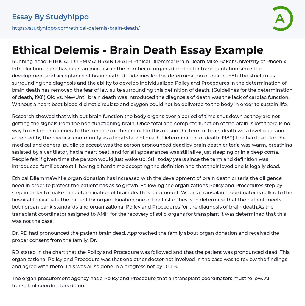 Ethical Delemis: Brain Death Essay Example