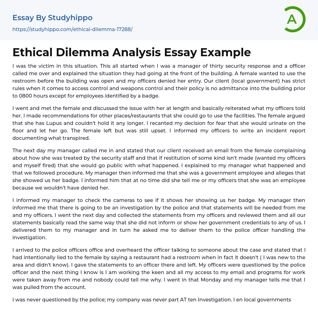 Ethical Dilemma Analysis Essay Example