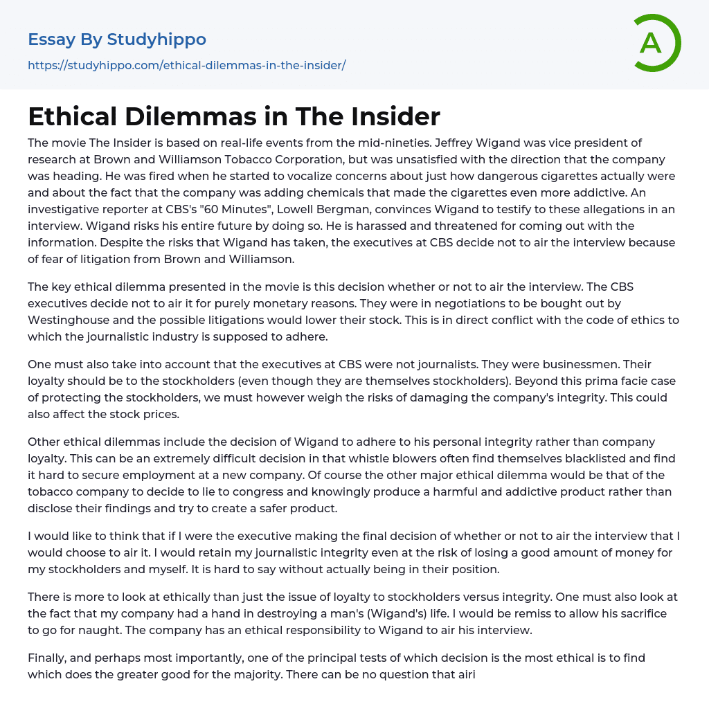 Ethical Dilemmas in The Insider Essay Example