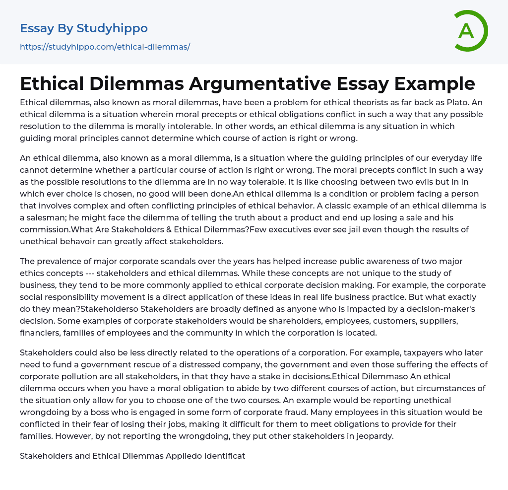 Ethical Dilemmas Argumentative Essay Example