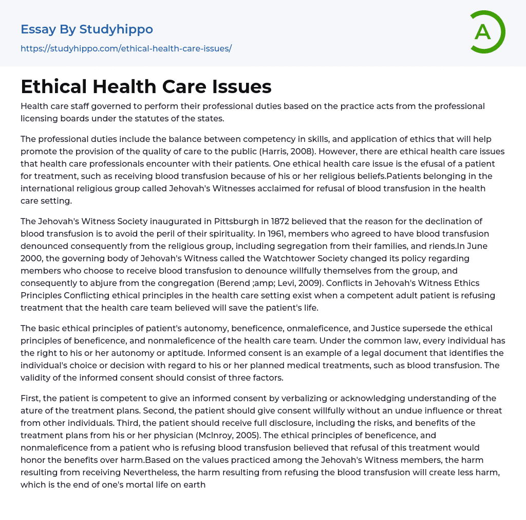 Ethical Health Care Issues Essay Example