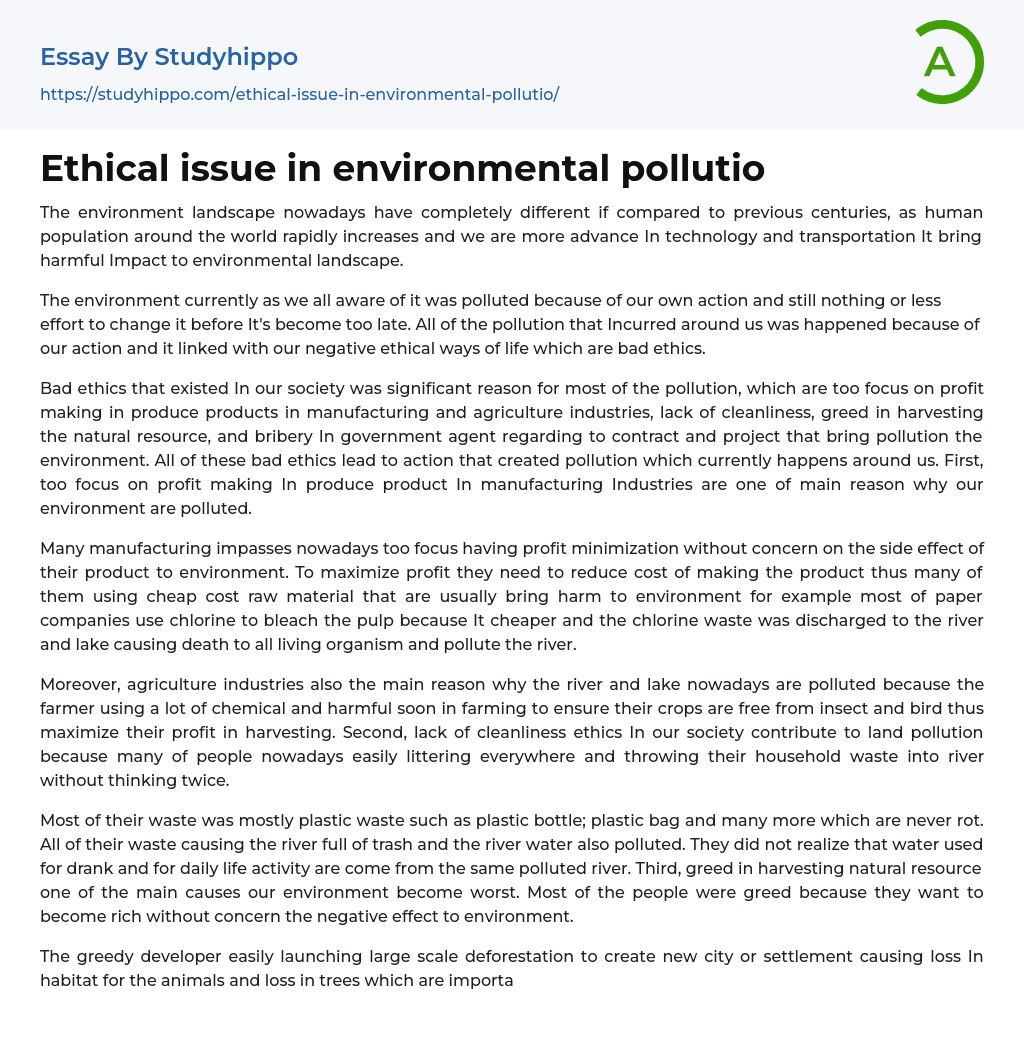 Ethical issue in environmental pollutio Essay Example