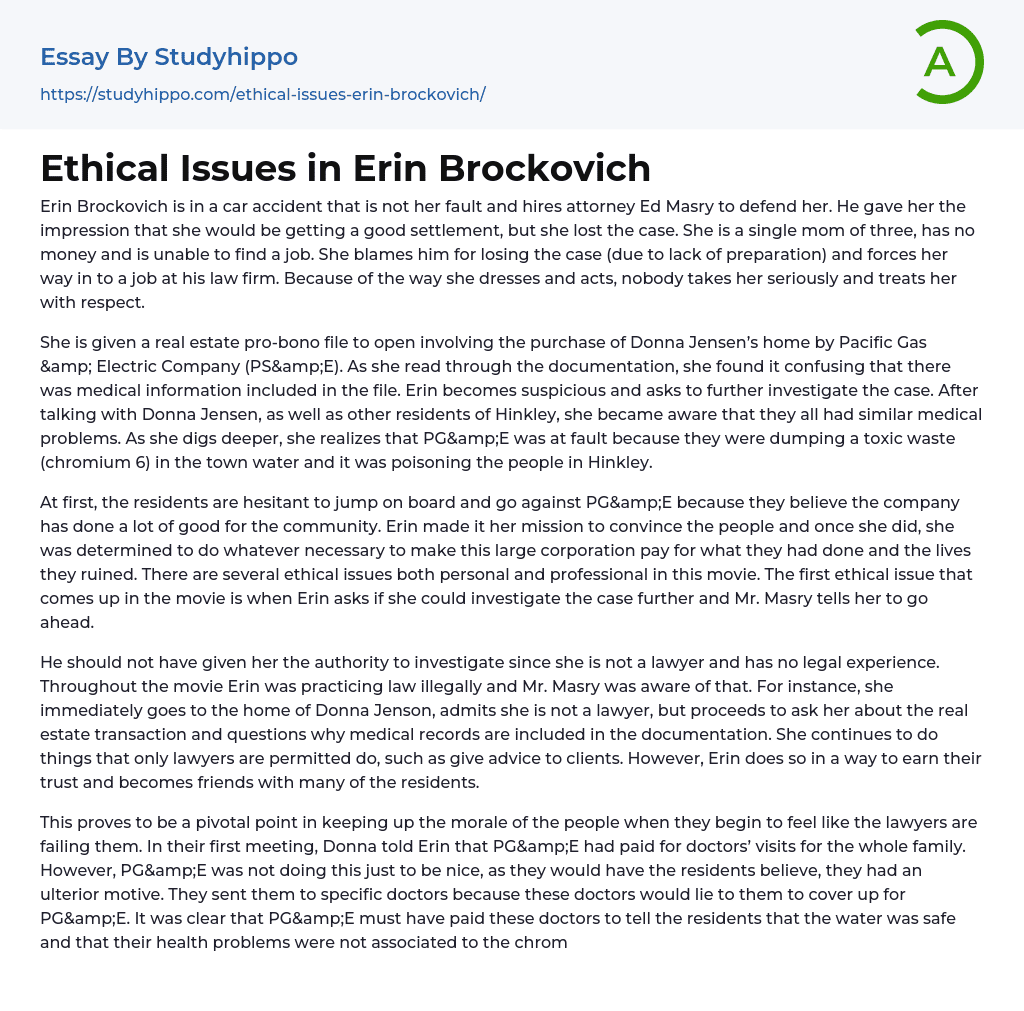 Ethical Issues in Erin Brockovich Essay Example