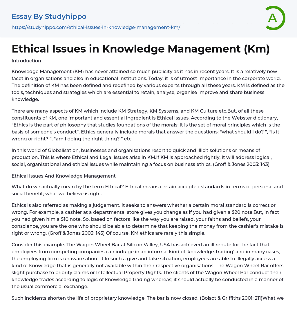 Ethical Issues in Knowledge Management (Km) Essay Example