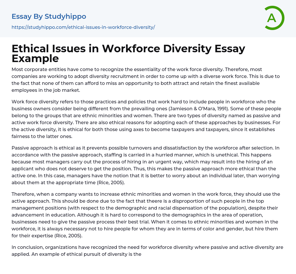Ethical Issues in Workforce Diversity Essay Example