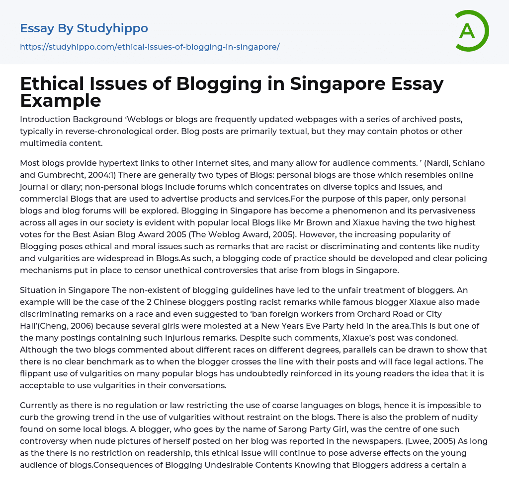 Ethical Issues of Blogging in Singapore Essay Example