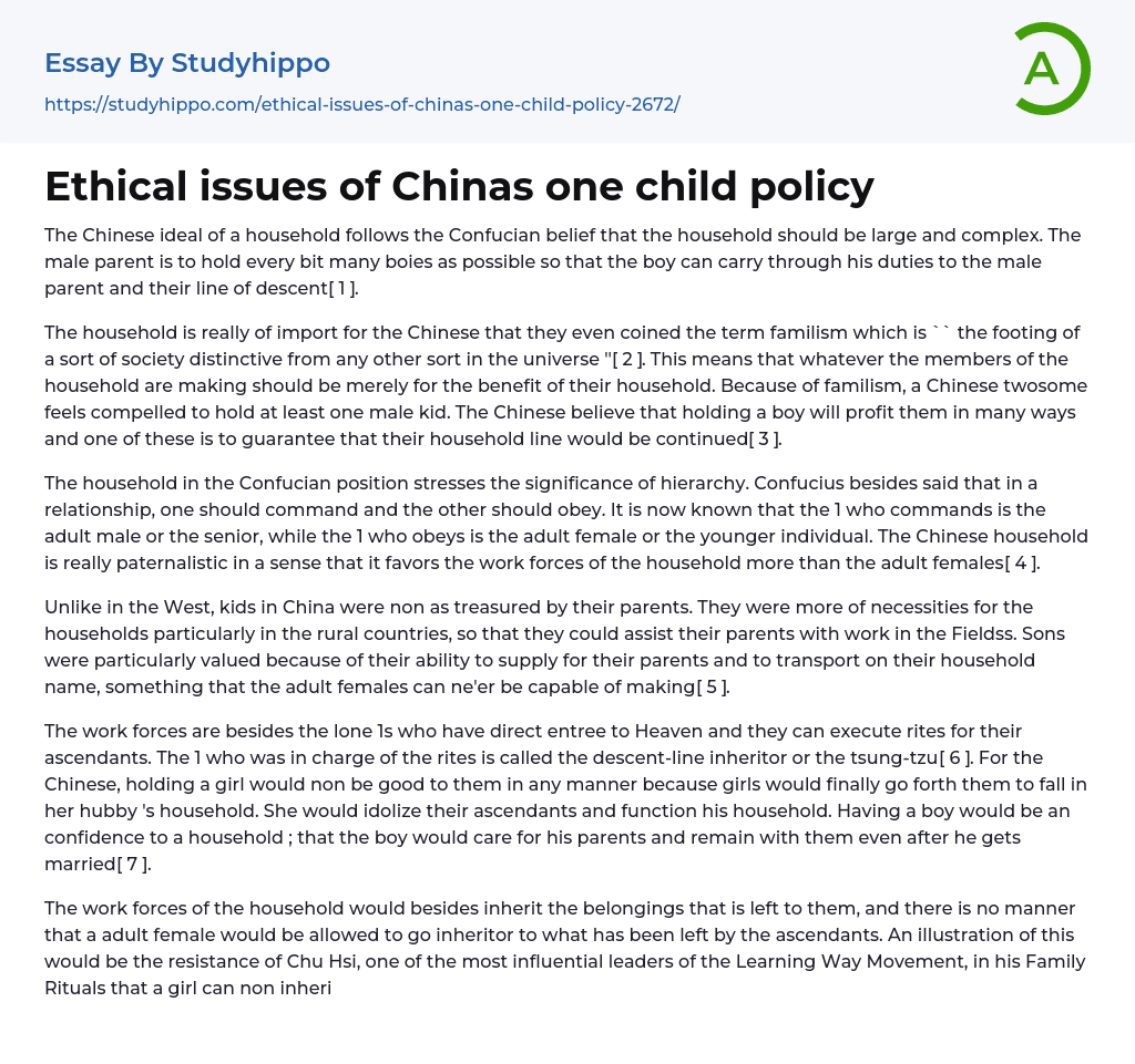Ethical issues of Chinas one child policy Essay Example