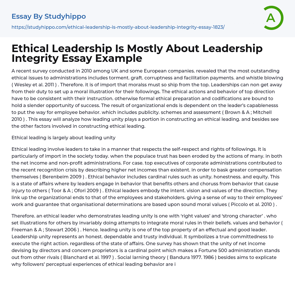 Ethical Leadership Is Mostly About Leadership Integrity Essay Example