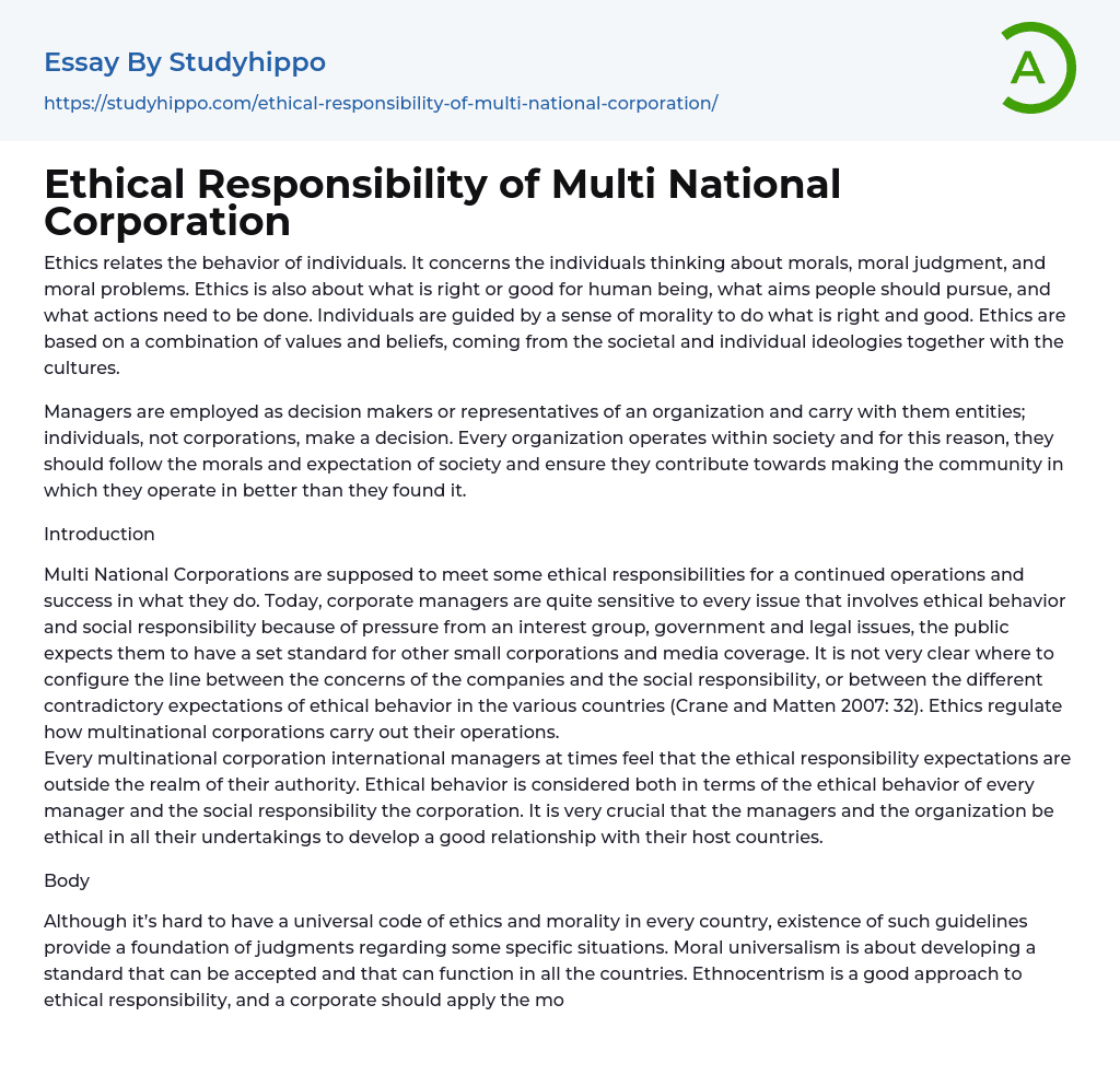Ethical Responsibility of Multi National Corporation Essay Example