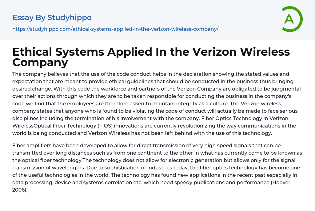 Ethical Systems Applied In the Verizon Wireless Company Essay Example