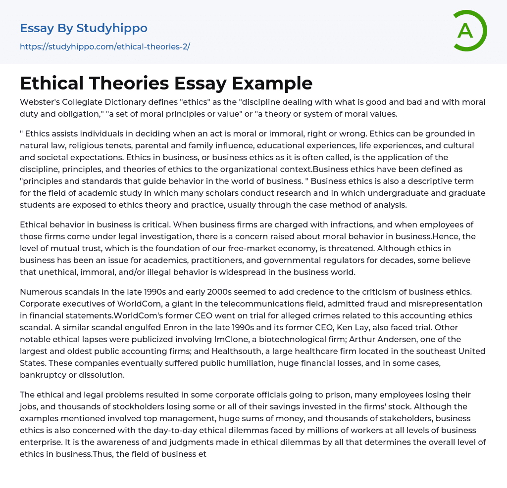 Ethical Theories Essay Example