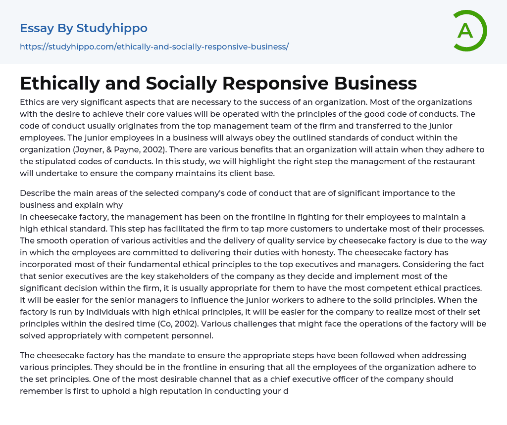 Ethically and Socially Responsive Business Essay Example