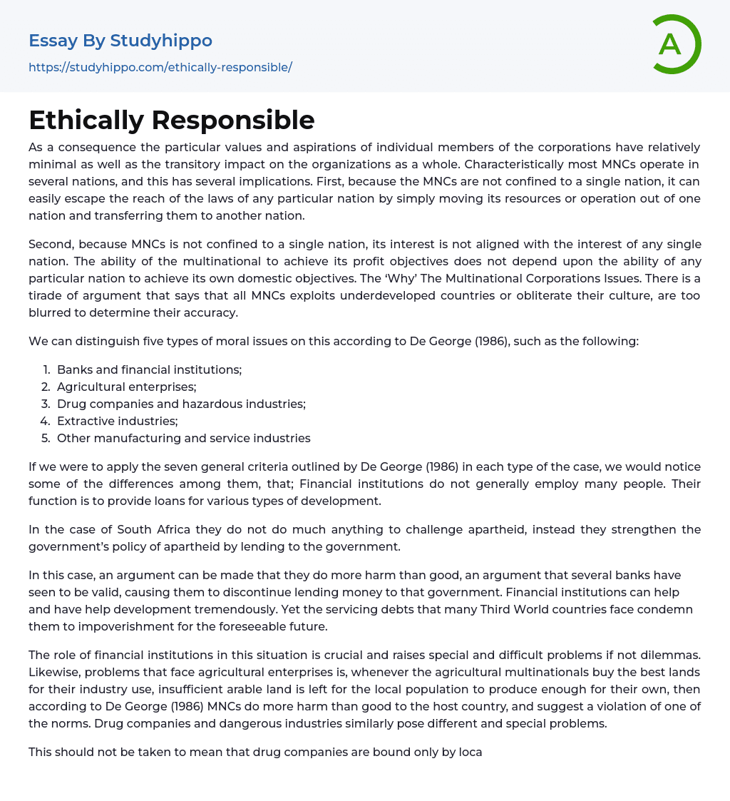 Ethically Responsible Essay Example