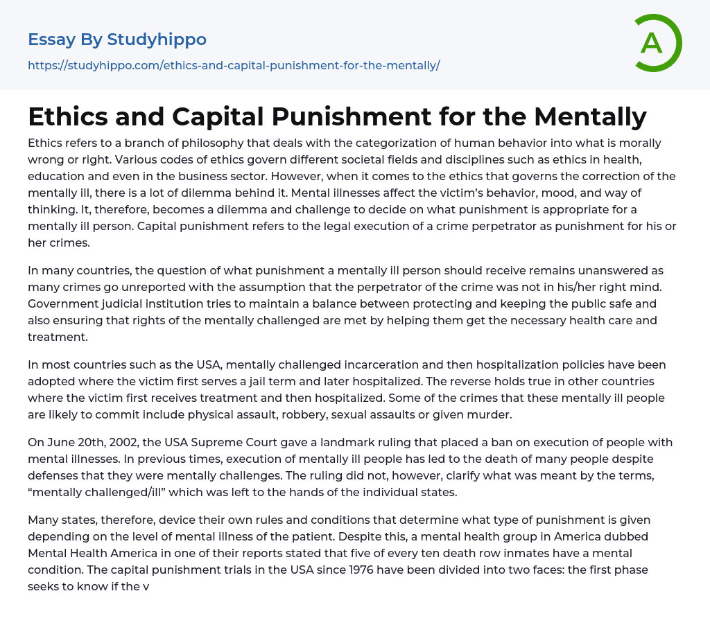 Ethics and Capital Punishment for the Mentally Essay Example