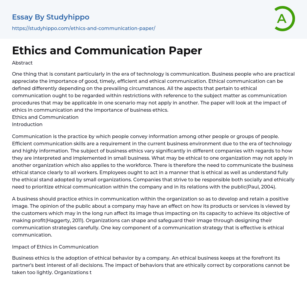 Ethics and Communication Paper Essay Example
