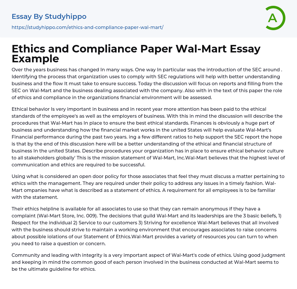 Ethics and Compliance Paper Wal-Mart Essay Example
