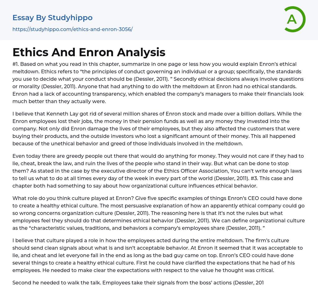 Ethics And Enron Analysis Essay Example
