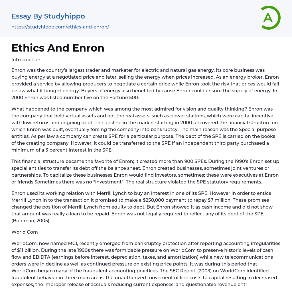 Ethics And Enron Essay Example
