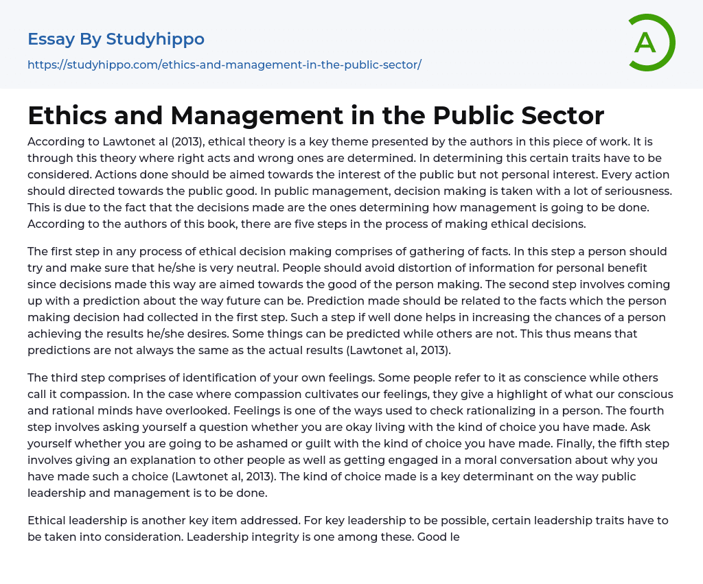 Ethics and Management in the Public Sector Essay Example