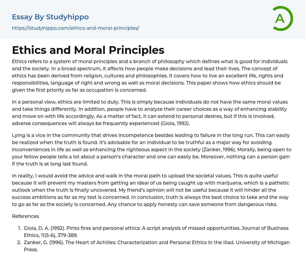Ethics and Moral Principles Essay Example