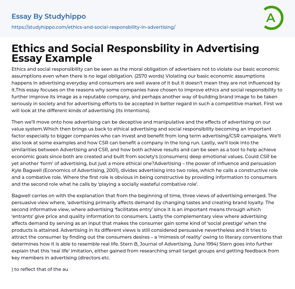 Ethics and Social Responsbility in Advertising Essay Example