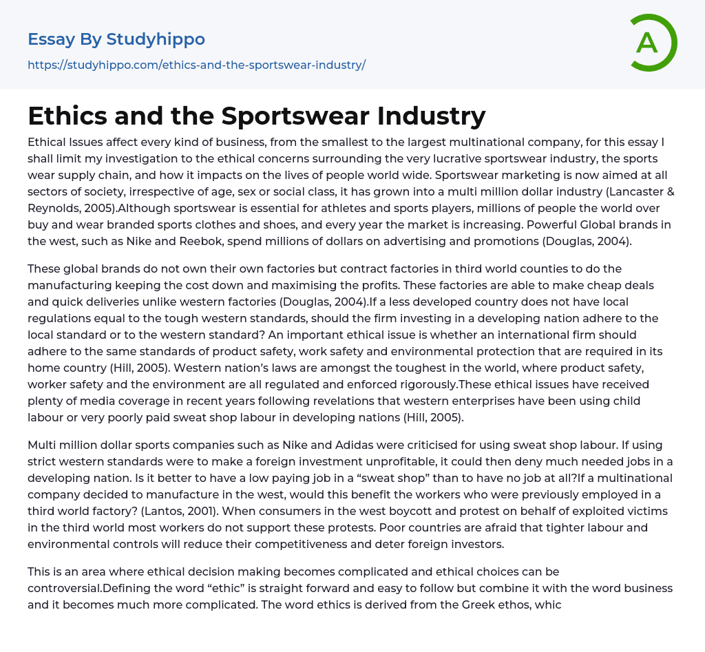 Ethics and the Sportswear Industry Essay Example