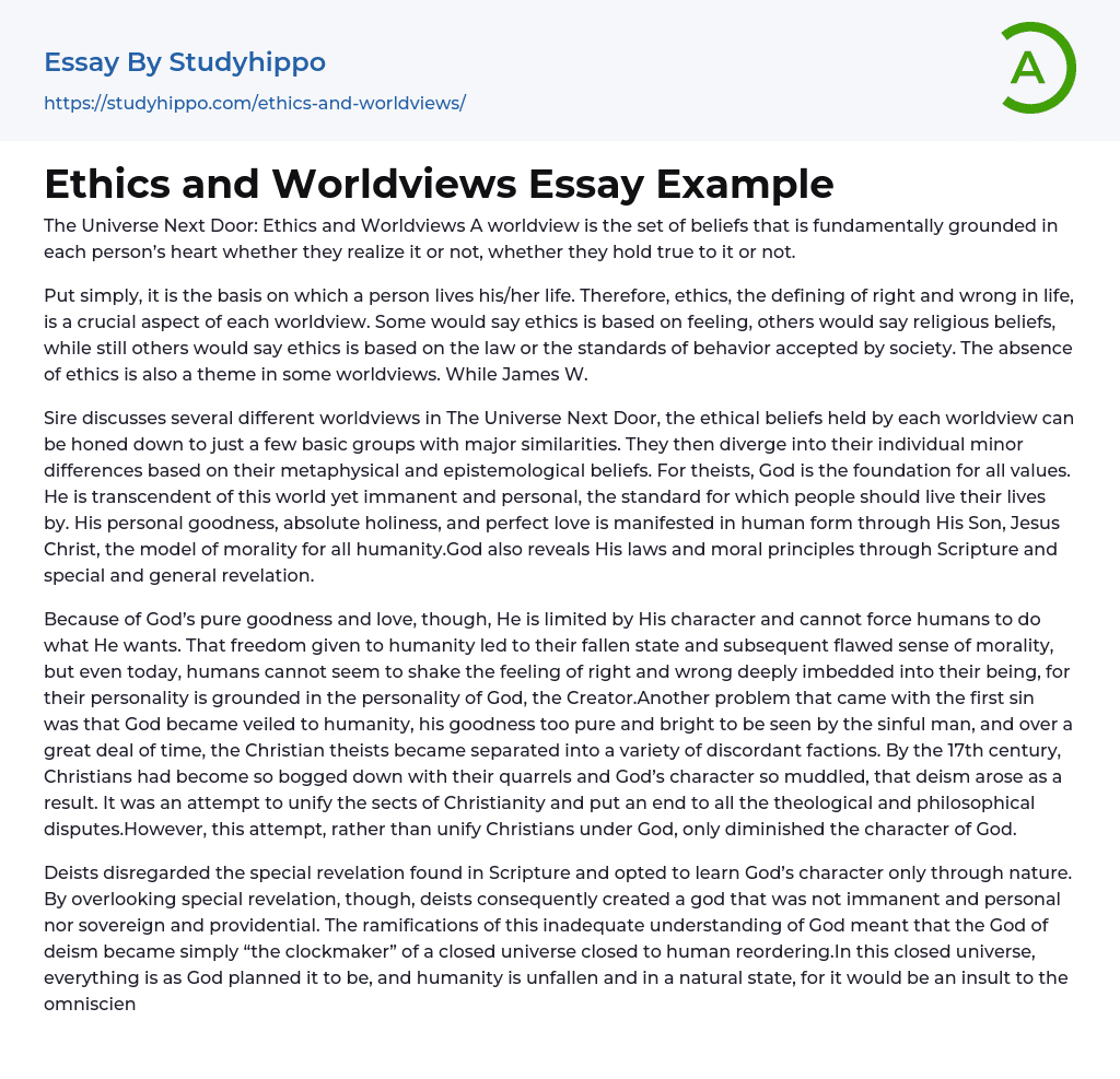 Ethics and Worldviews Essay Example