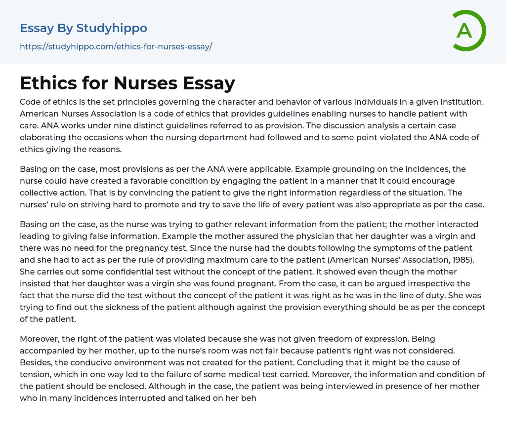 Ethics for Nurses Essay